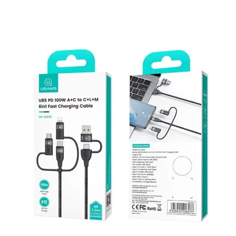 Cablu de Date 6in1, USB, Type C la Lightning, USB, Type C, Fast Charging, 100W, 1.2m - Usams (US-SJ645) - Black