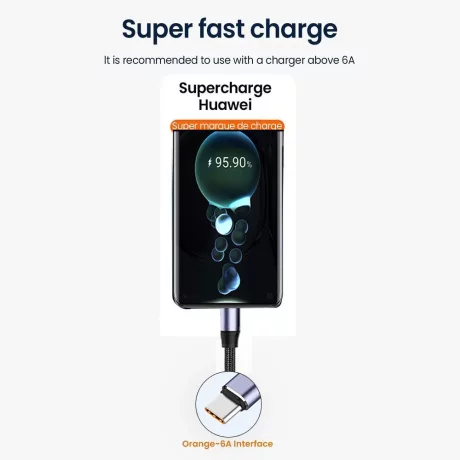 Cablu de date USB to Type-C, Super Fast Charging, 100W, 480Mbps, 6A - Techsuit (PCB018) - Black