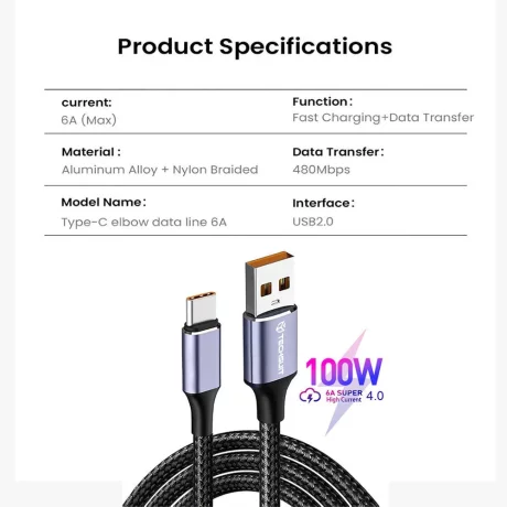 Cablu de date USB to Type-C, Super Fast Charging, 100W, 480Mbps, 6A - Techsuit (PCB018) - Black