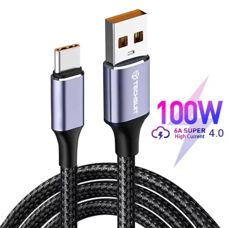 Cablu de date USB to Type-C, Super Fast Charging, 100W, 480Mbps, 6A - Techsuit (PCB018) - Black