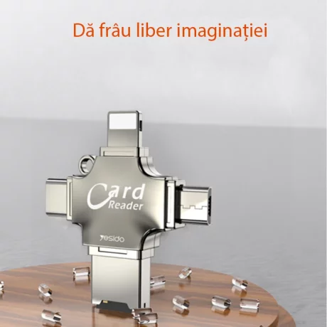 Cititor de Carduri MicroSD + Adaptor USB, Type-C, Lightning, Micro-USB - Yesido (GS13) - Silver