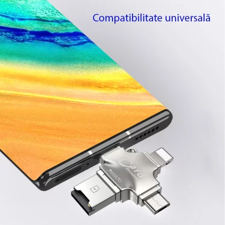 Cititor de Carduri MicroSD + Adaptor USB, Type-C, Lightning, Micro-USB - Yesido (GS13) - Silver