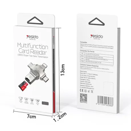 Cititor de Carduri MicroSD + Adaptor USB, Type-C, Lightning, Micro-USB - Yesido (GS13) - Silver