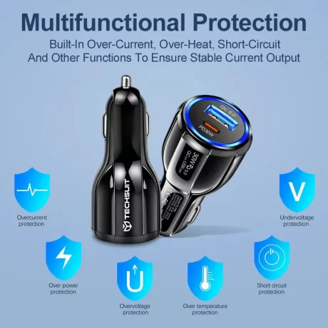 Incarcator Auto USB-A QC 5.0 30W, USB-C PD30W - Techsuit Premium (TE-022) - Black
