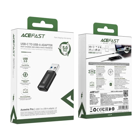 Adaptor Fast Charging, Type-C to USB 3.0, Data Transmission, 5Gbps - Acefast (J2) - Black