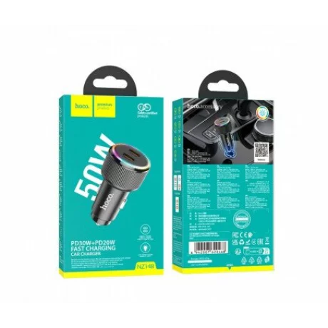 Incarcator Auto Fast Charge HOCO NZ14B 50W 3A 2 x USB-C negru