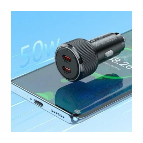 Incarcator Auto Fast Charge HOCO NZ14B 50W 3A 2 x USB-C negru