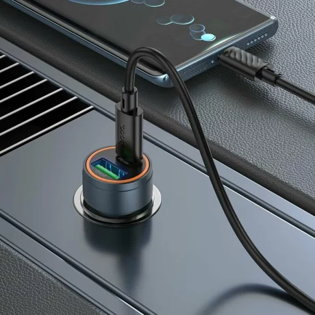 Incarcator auto Fast Charge Hoco USB-A + USB-C QC3.0 PD 30W + cablu USB-C la USB-C Z57A negru