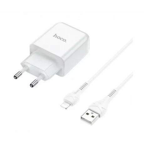Incarcator Hoco N2 USB-A + Cablu Lightning 2A, Alb – Pachet Complet pentru iPhone