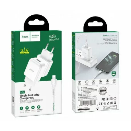 Incarcator Hoco N2 USB-A + Cablu Lightning 2A, Alb – Pachet Complet pentru iPhone