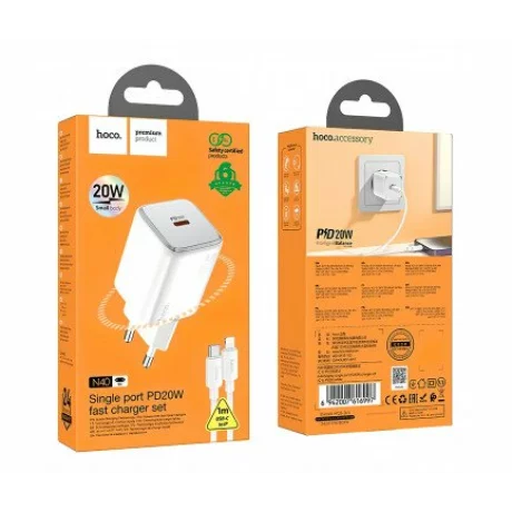 Incarcator Retea Fast Charge cu Cablu Lightning HOCO N40 20W 3A 1 x USB-C alb