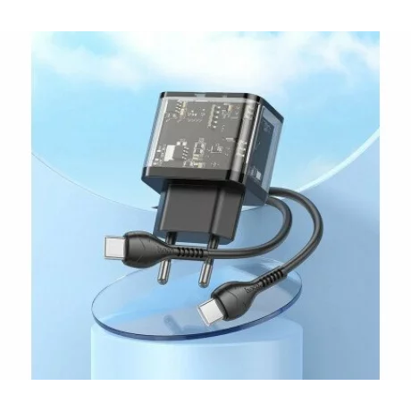 Incarcator Retea Fast Charge cu Cablu USB-C HOCO N34 20W 3A 1 x USB-A - 1 x USB-C transparent