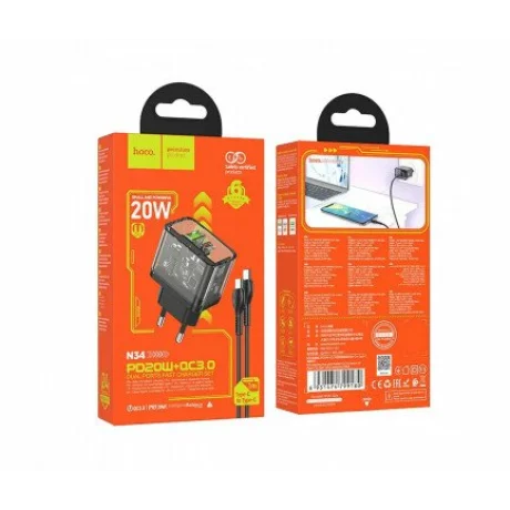 Incarcator Retea Fast Charge cu Cablu USB-C HOCO N34 20W 3A 1 x USB-A - 1 x USB-C transparent
