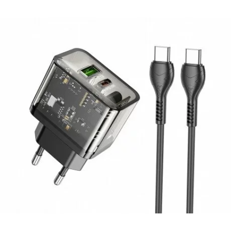 Incarcator Retea Fast Charge cu Cablu USB-C HOCO N34 20W 3A 1 x USB-A - 1 x USB-C transparent