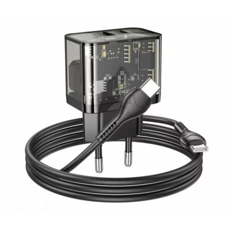 Incarcator Retea Fast Charge cu Cablu USB-C HOCO N34 20W 3A 1 x USB-A - 1 x USB-C transparent