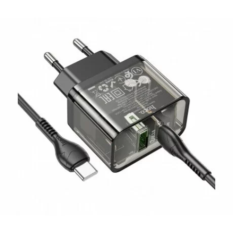 Incarcator Retea Fast Charge cu Cablu USB-C HOCO N34 20W 3A 1 x USB-A - 1 x USB-C transparent